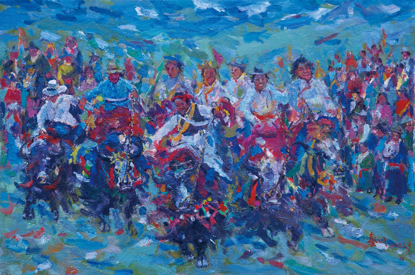 2、秦川《高原.賽牛》60x90cm油畫2021年創作.jpg